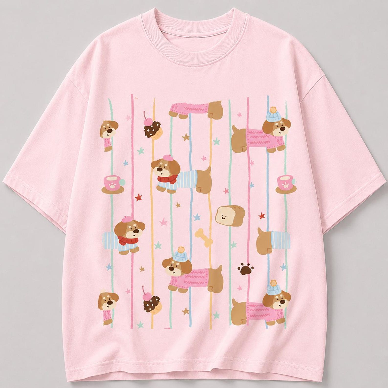 Pastel Puppy Dog T-Shirt, Kawaii Cartoon Graphic Tee, Soft Girl Streetwear M