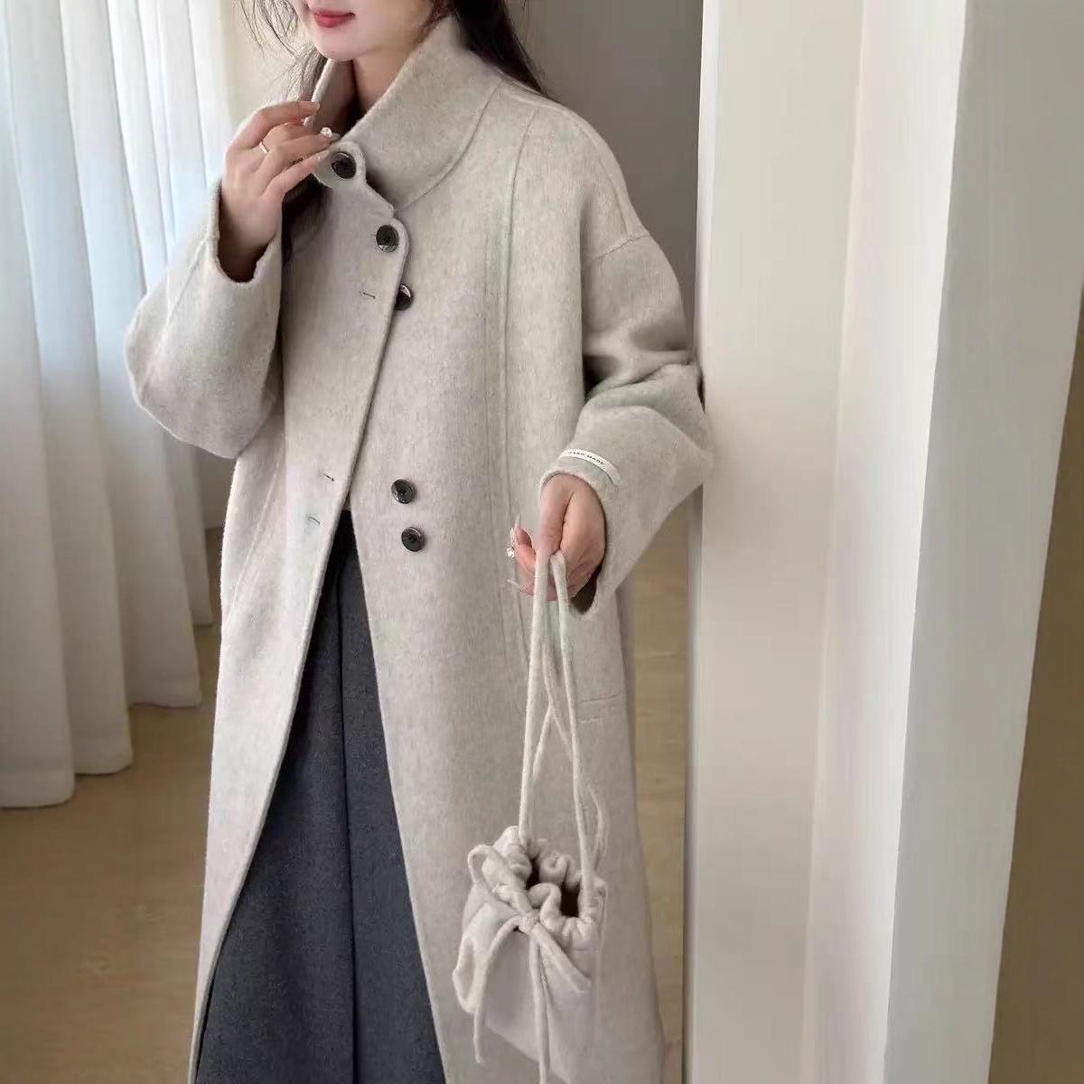 

Korean Dongdaemun Double-Sided Wool Coat with Stand-Up Collar and Bag Small