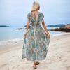 Floral Print V-neck Ruffled Short Sleeve Dress Women Casual A-Line High Waist Backless Slit Ankle-Length Spring Dress