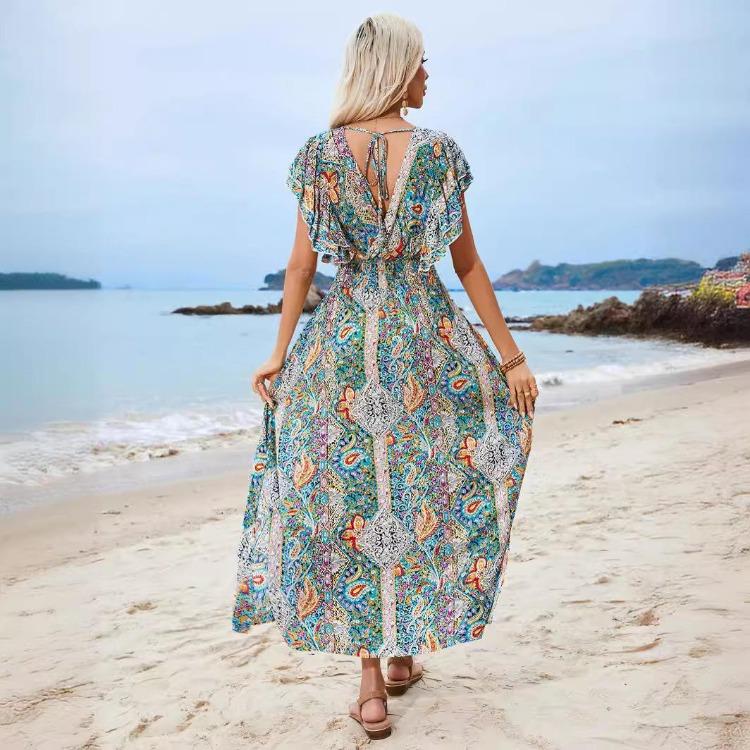 Floral Print V-neck Ruffled Short Sleeve Dress Women Casual A-Line High Waist Backless Slit Ankle-Length Spring Dress