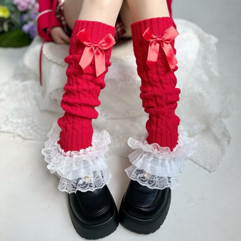 Cable Knit Leg Warmers Boot Cuffs with Bowknot Decorated Sweet Tiered Ruffled Lace Trim Leg Covers Calf Socks for Women