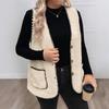 Womens V-Neck Sleeveless Cardigan Vest Plus Size Mid-Length Thick Fleece Outerwear Fall Winter Loose Casual Top