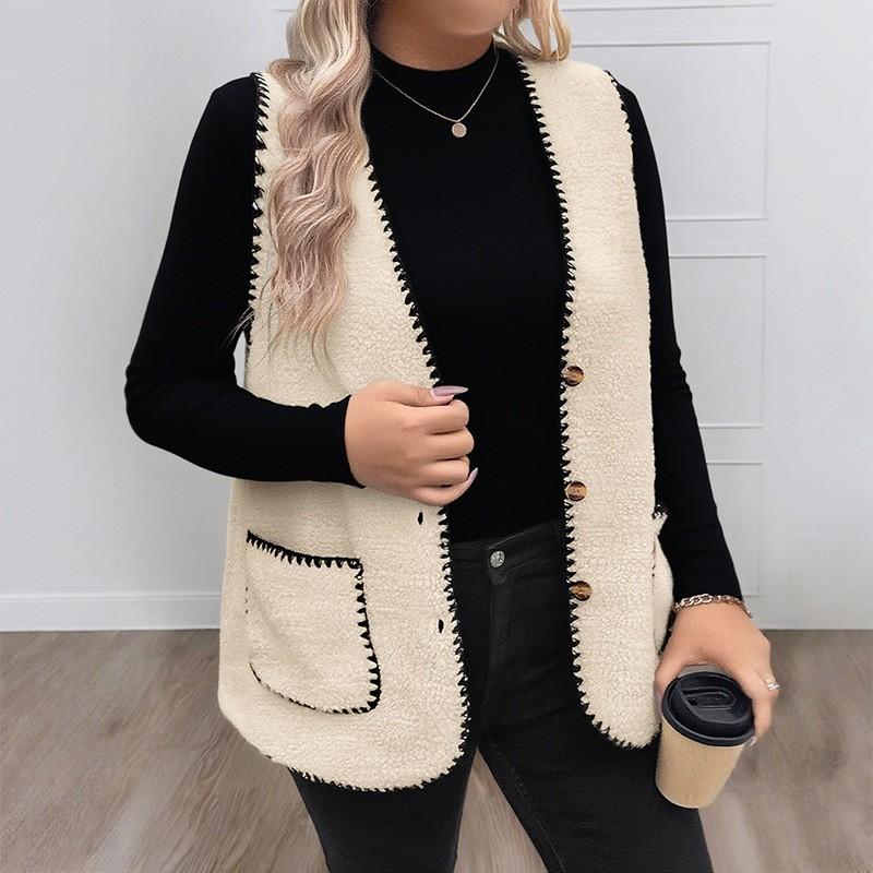 Womens V-Neck Sleeveless Cardigan Vest Plus Size Mid-Length Thick Fleece Outerwear Fall Winter Loose Casual Top