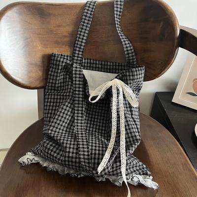Back To School Retro Polka Dot Heart Commuter Canvas Tote Bag, Large Capacity Suitable For University Students, Handbag, Shoulder Bag