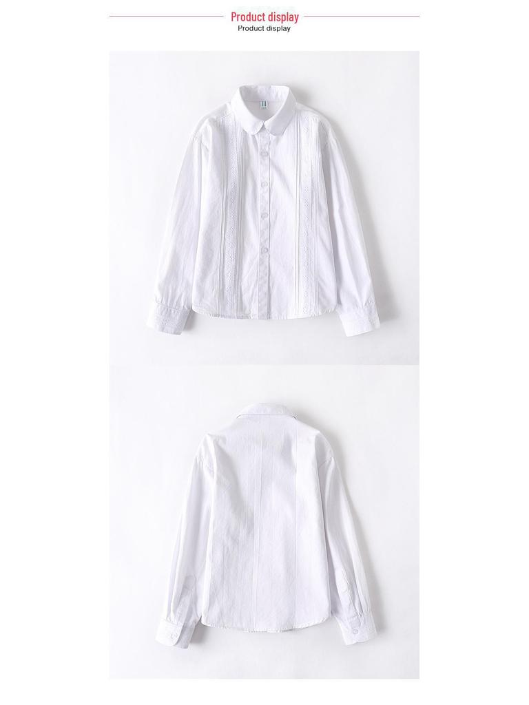 Girls' White Cotton Long-Sleeve School Shirt - Spring/Autumn Style for Primary and Secondary Students