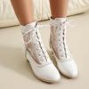 Women Mesh Boots Female Summer 2025 Leather Chunky Med Heels Shoes Size 48 Laciness Bandage Decor