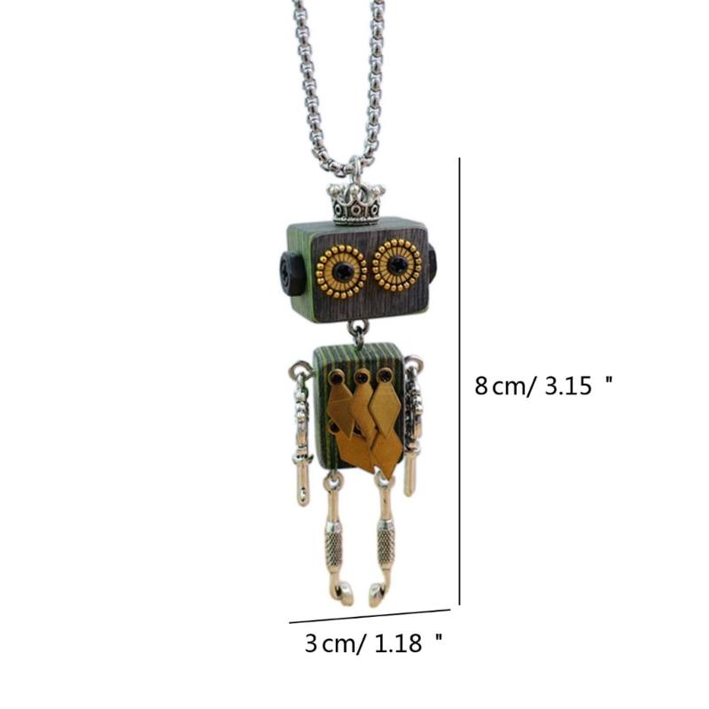 Wood Block Robot Pendant Necklace Adjustable Length Punk Neckchain Stylish Leather Cord Accessory Fade Resistant Chokers
