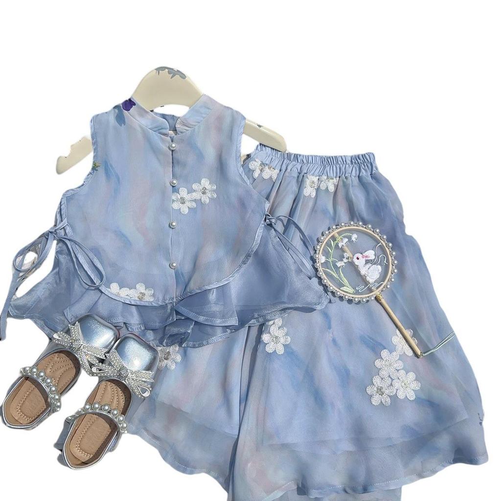 Girls' Summer Hanfu Style Vest & Pants Set - Two-Piece EXB003