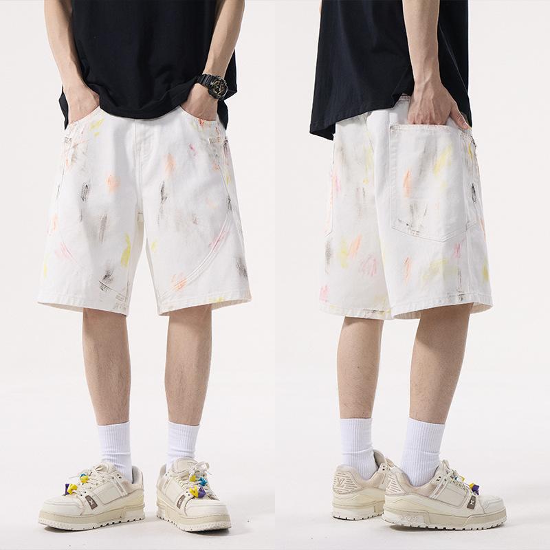 Loose Scimitar Mid-pants Niche Painted and Graffiti Fashionable Light Luxury White Denim Shorts