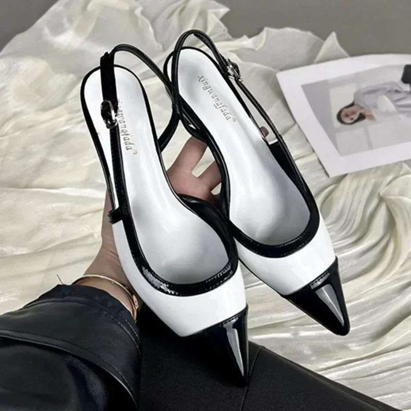 Designer Schwarz Weiß Farbe Niedrige Absatz Sandalen Damen Sexy Spitze Zehen Riemchen Keilabsatz Hohe Absätze Damen Elegante Absätze