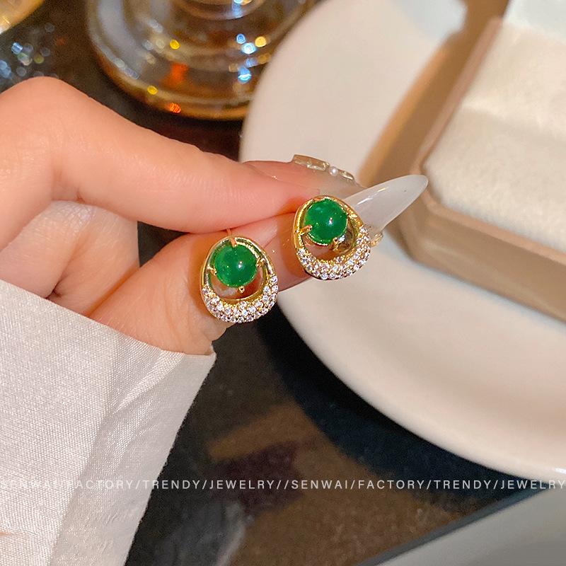Зеленые серьги-пусеты с микроинкрустацией цирконами, женские серьги класса люкс, ретро-изысканные взрывные серьги