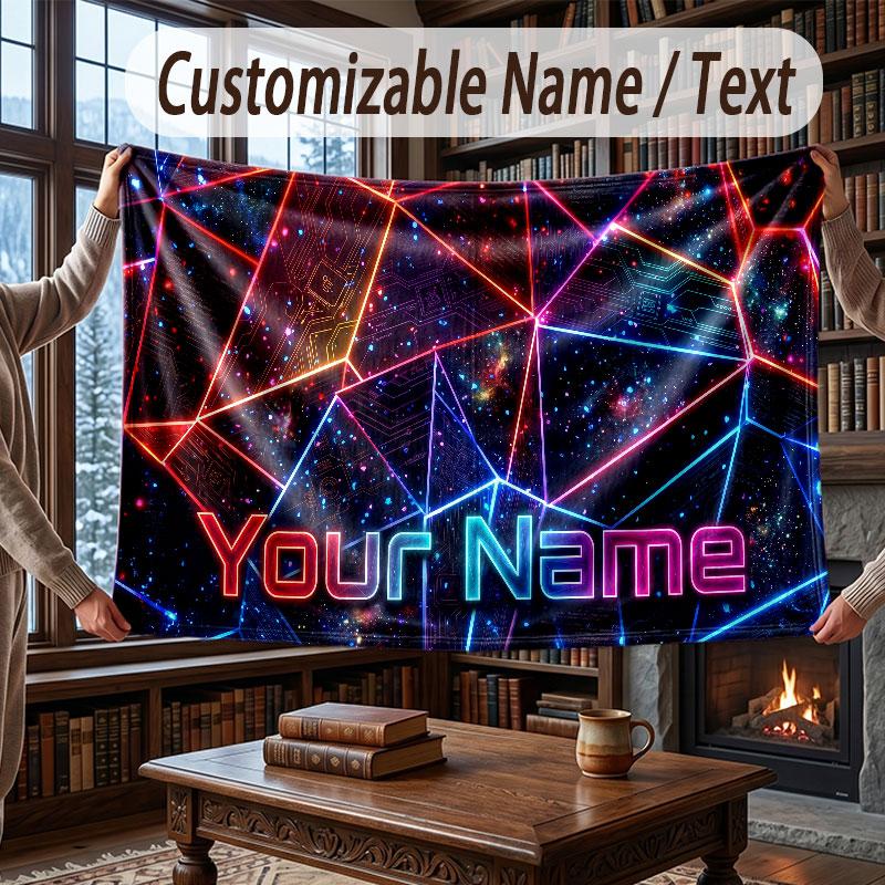 Abstract Geometric Theme Throw Blanket Custom Name Text Personalized Blanket Soft Cozy Blanket for Home Sofa Bed