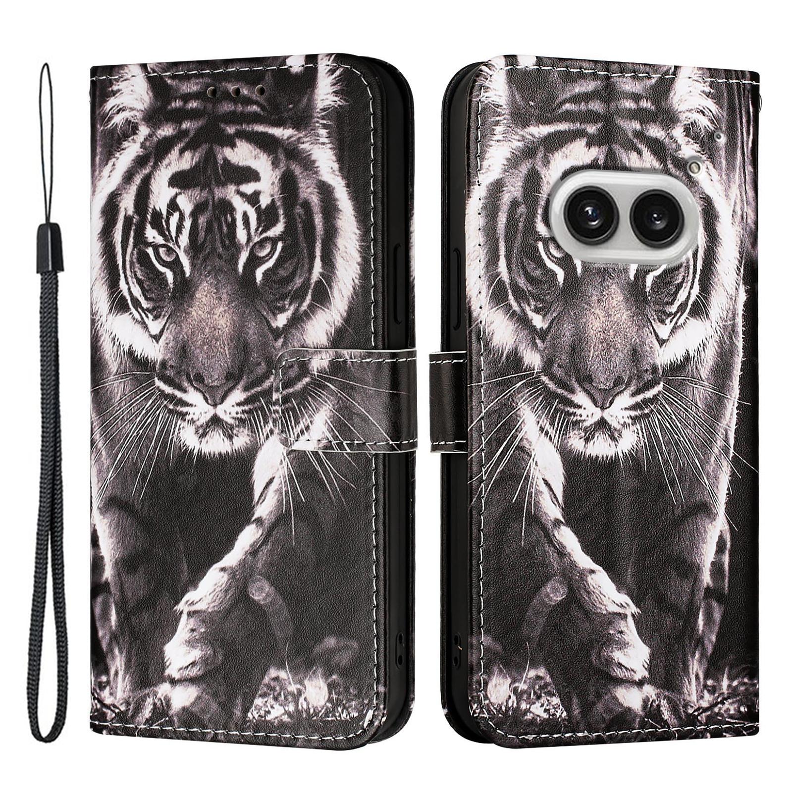 

For Nothing Phone (2a) Plus/Phone (2a) Leather Case with Strap and Card Holder Pattern Printing Phone Stand Cover Tiger