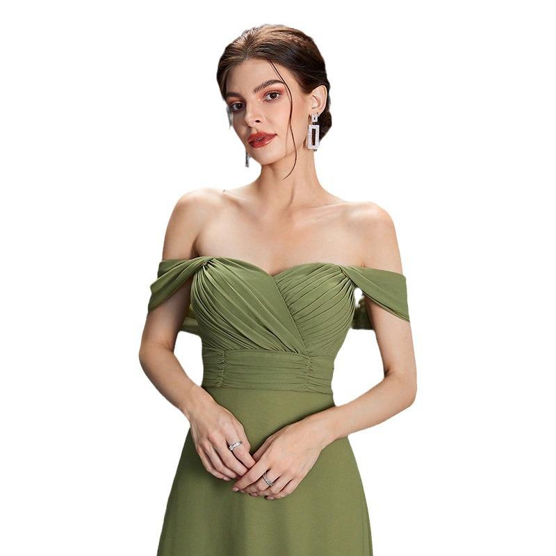 Green Chiffon Off-the-Shoulder Evening Dress: Elegant, Luxurious, and Perfect for Banquets and Social Events