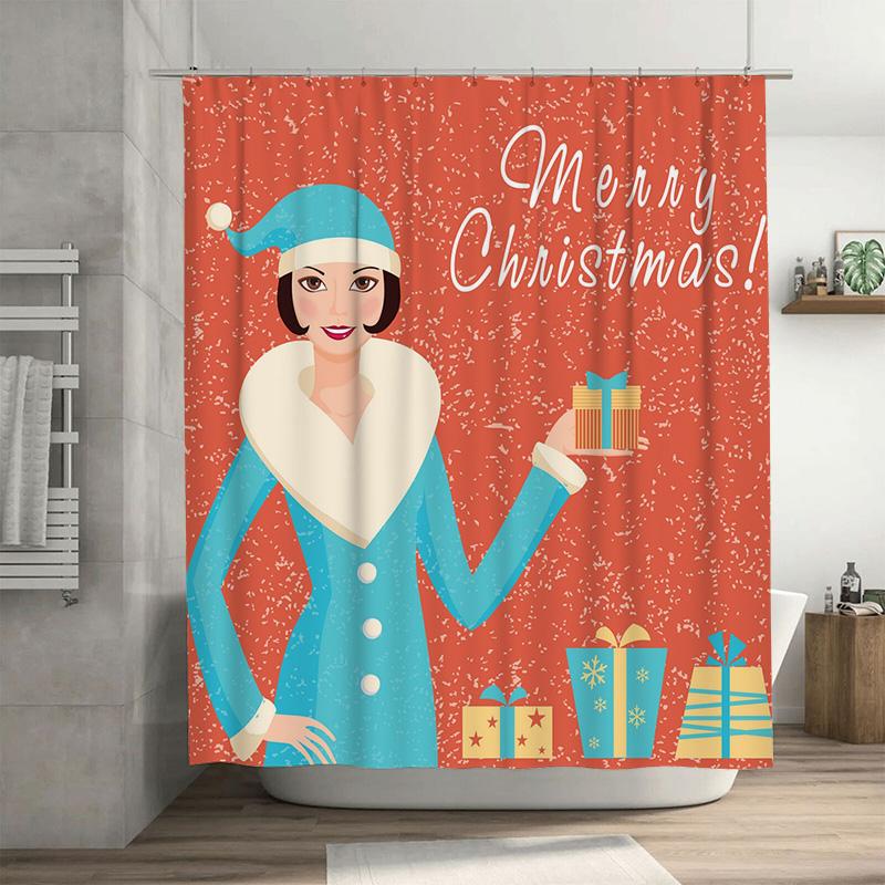 

Tu Vintage Christmas Shower Curtain Festive Holiday Bathroom Decor Merry Xmas Pattern Holiday Home Decor Red And Green Style W60H190(CM)-1 Pcs
