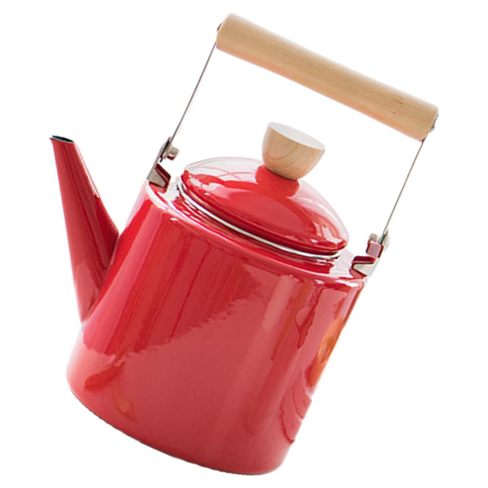 Retro emaljerad spishäll tekanna 2 4L Rött trähandtag Vattenkokare för te kaffe mjölk Vintage kökskastrull Spis toppkokare