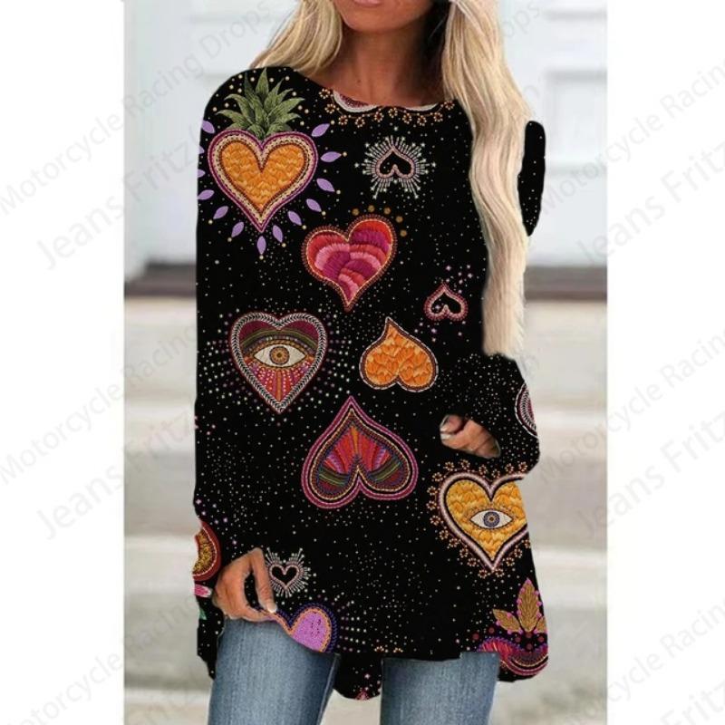 

Европейский узор 3D принт женская мода футболка с длинным рукавом туника топ повседневные длинные топы цветочная женская одежда Y2K XXL