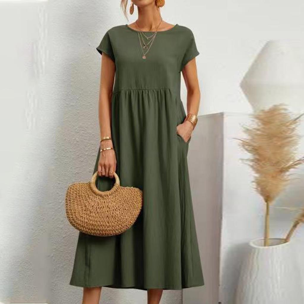 Abito da donna colorato a maniche corte, ampio, in cotone e lino, con tasche