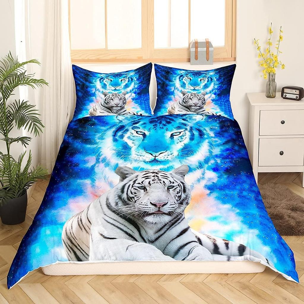 Tiger Print Duvet Cover Wild Animal Theme Comforter Cover Blue Galaxy Bedding Set For Kids Adults Wildlife Safari Cat Print
