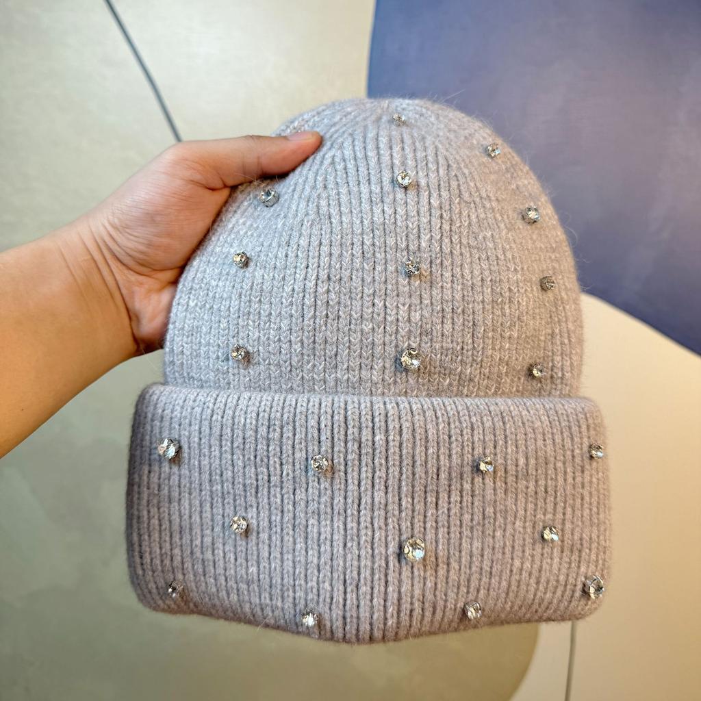 Hat Winter Women's New Korean Style Fashionable and Elegant Rhinestone Knitted Hat Street Style Rabbit Fur Warm Woolen Hat
