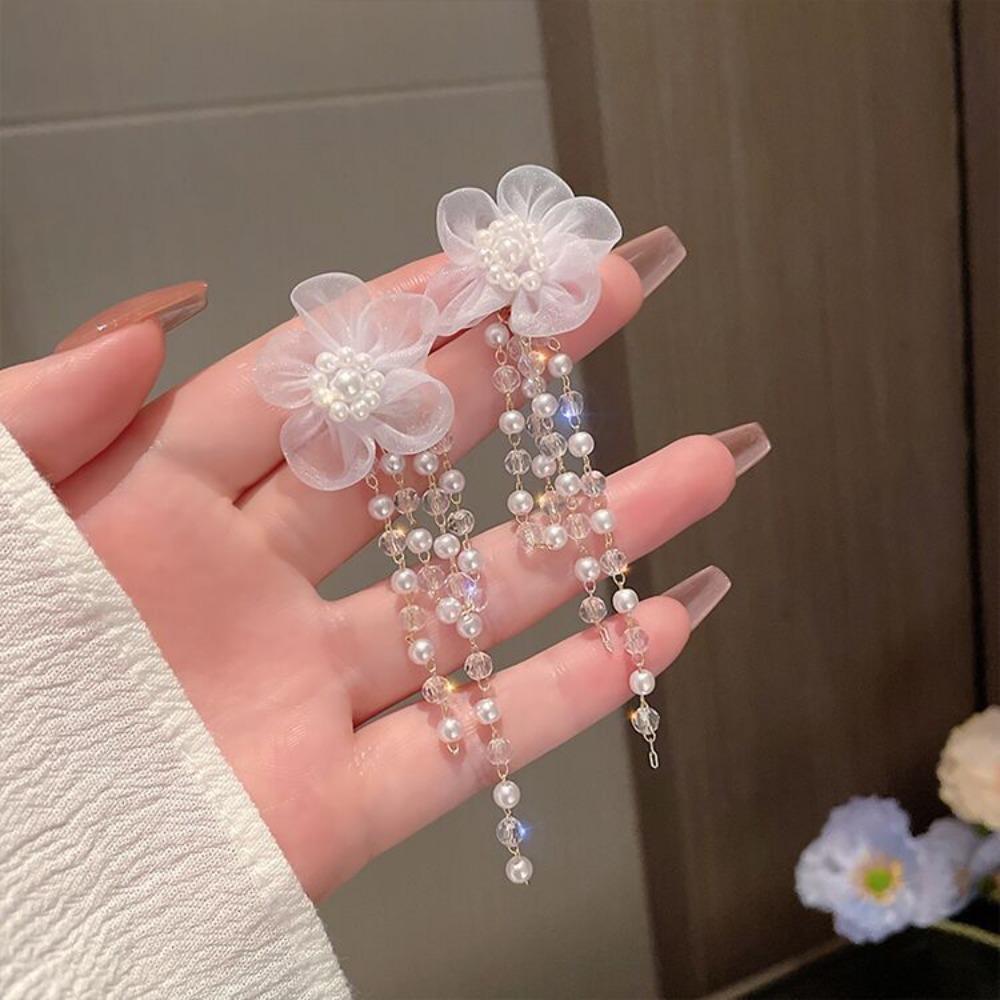 

Romantic Temperament Pearl White Chiffon Flowers Long Beaded Tassels Chain Dangle Earrings for Women Bride Wedding Jewelry Gifts белый