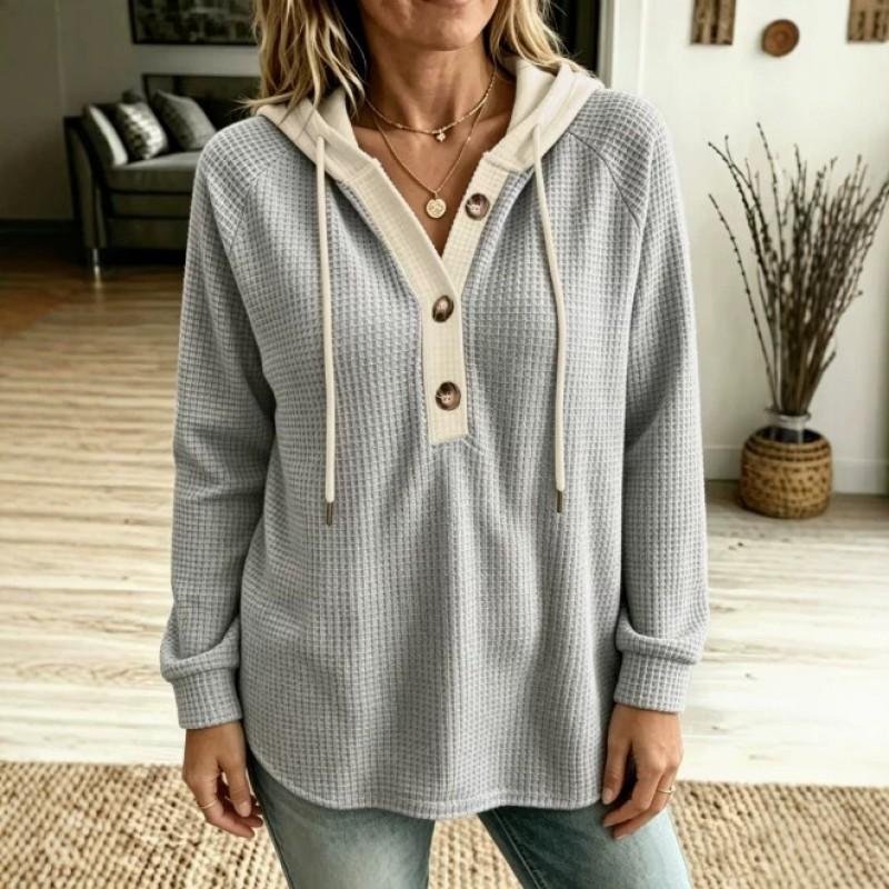 2026 Long Sleeve Hooded Sweatshirt Waffle Knit Button V-Neck Pullover Casual Wear