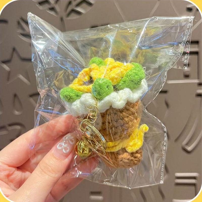 Finished Crochet Yarn Bouquet Keychain Accessories Knitted Rose Sunflower Mini Handheld Flower Doll Accessories Pendant