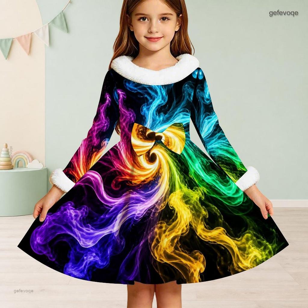 Girls Furry Collar Long Sleeve Galaxy Printed A Line Flared Dress