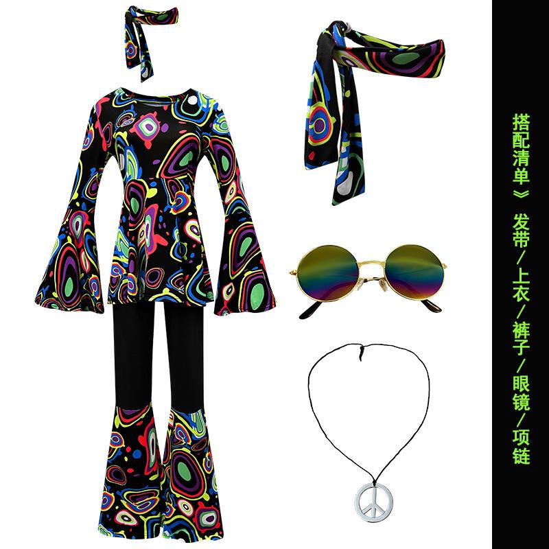 New Multi-color Printed Top, Pants Splicing Set, Including Headscarf, Disco Dance Suit Women