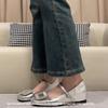 Sheepskin rhinestone square buckle silver word with Mary Jane shoes children's square head shallow mouth women's shoes inner height increase flat 