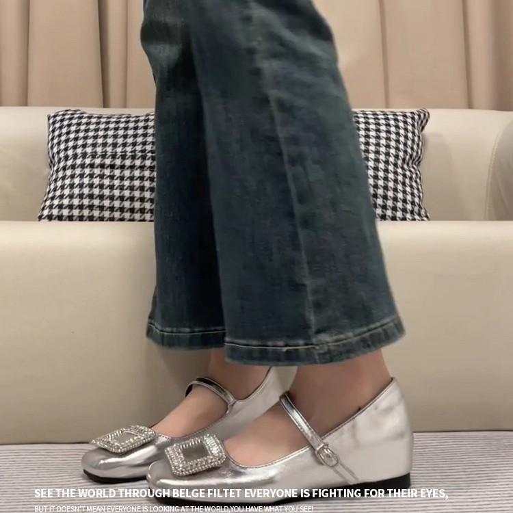 Sheepskin rhinestone square buckle silver word with Mary Jane shoes children's square head shallow mouth women's shoes inner height increase flat sole