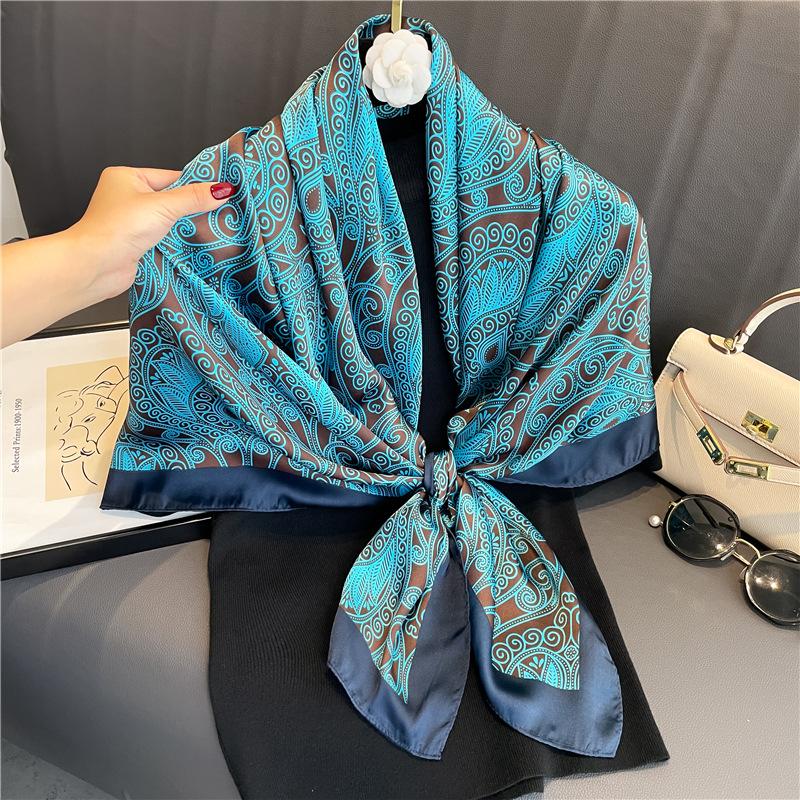 Blue Pattern 111cm Imitation Silk Travel Silk Scarf Dual-purpose Fashion Scarf Scarf Sunscreen Versatile Temperament Shawl
