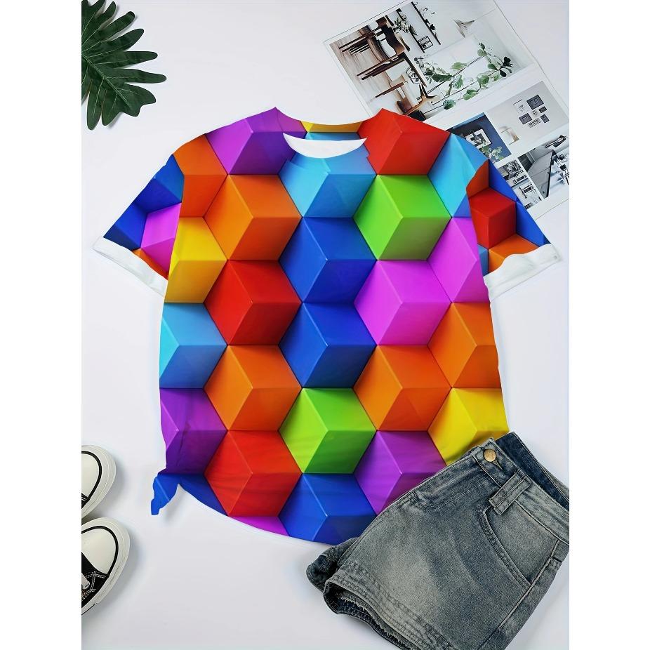 Lebhaftes 3D Farbwürfel-Print Rundhals-T-Shirt - Bequemes lässiges Kurzarm-Oberteil für Frühling & Sommer, Atmungsaktiv, Weich, Leichte Damenbekleidung