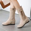 Fashion Women Winter New Versatile Boots Mid Calf Low Heeled Zip Boots Chunky Heel Bow Boots Sweet Girls Botas Mujer Black Apricot