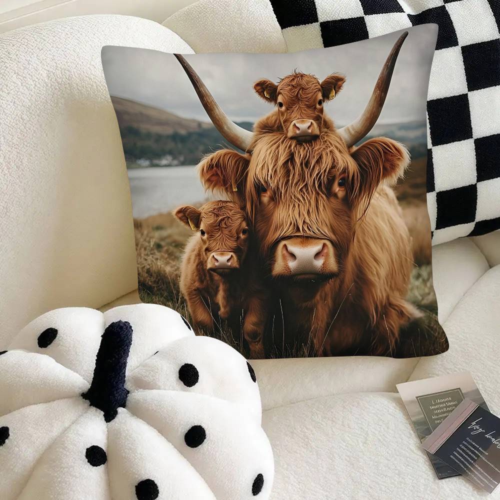 Highland Cattle Pillow Case Fashion Square Pillowcase Bedroom Sofa Room Ins Decoration Leisure