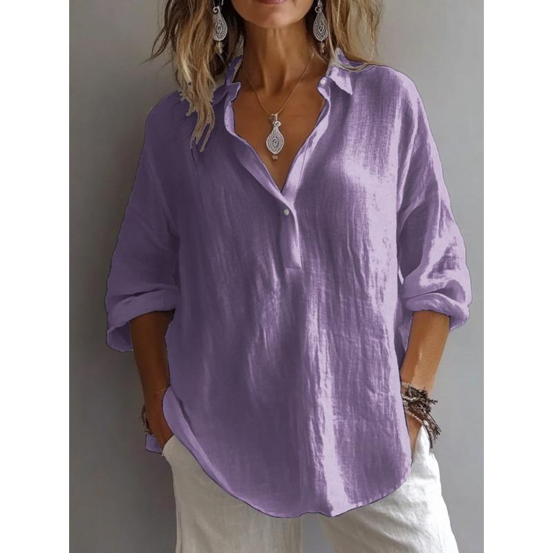 Solid Color Casual Loose V Neck Three Quarter Sleeve Shirt For Women