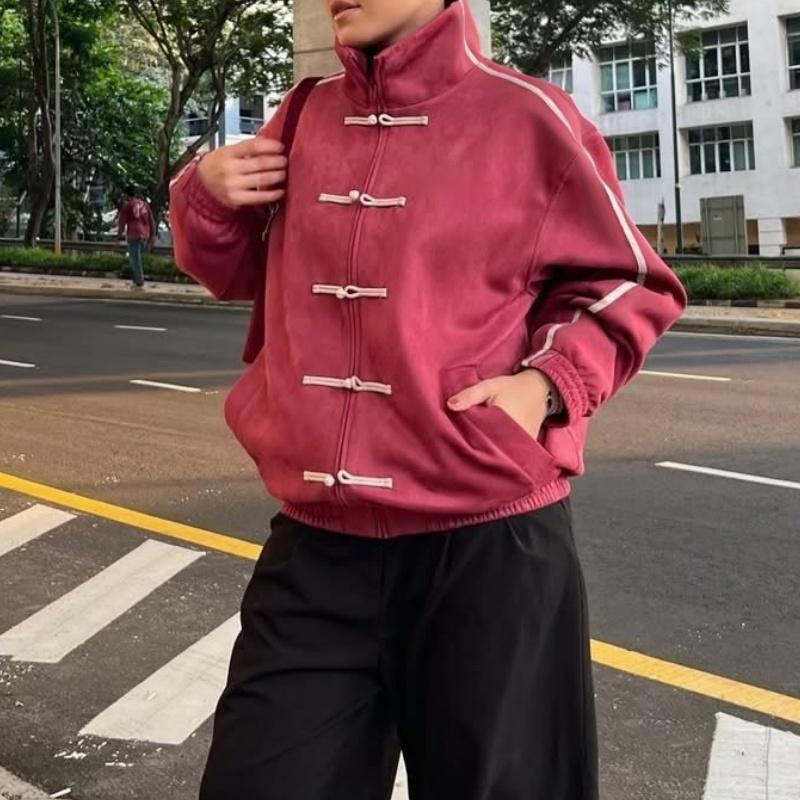 Damska Chińska Kurtka na Guziki Żabki Y2k Vintage Bluza Rozpinana z Zamkiem Stójka Kurtka Bomberka Preppy Streetwear