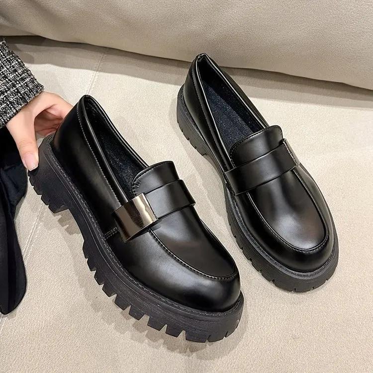 Thick-Soled Women's Shoes British Style Spring Autumn 2024 Cake Base Soft Leather Single Shoes Academy Japanese Style JK Round H
