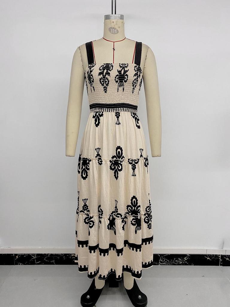 2026 Summer Ethnic Print Spaghetti Strap Long Dress - European/American Vacation Style