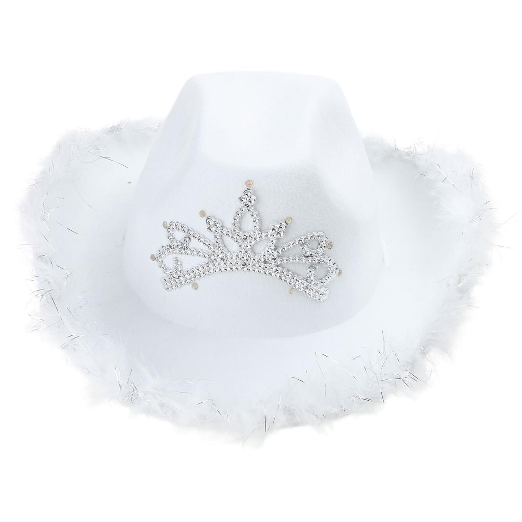 Wedding Party Cowboy Hat Adult Woman LED Feather Tinsel Brim Hat Fedoras Felt Cowboy Hat with Rhinestone Crown Decor