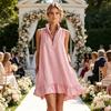 Ärmelloses Minikleid für Damen, Stehkragen mit halbem Reißverschluss, Rüschen, A-Linien-Kleid, Sommerlich Lässig Fließend Strandurlaub Sommerkleid