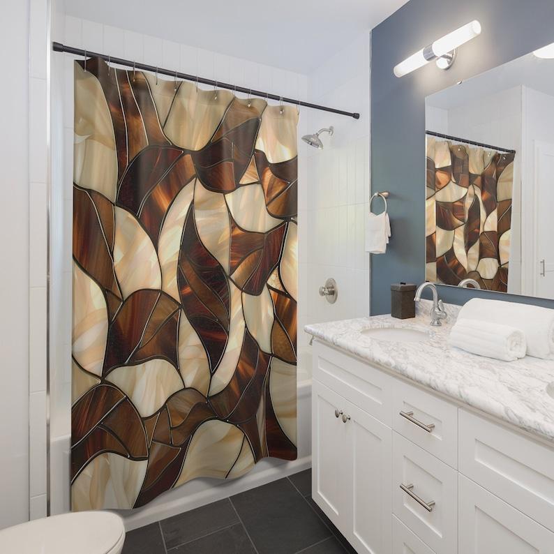 Tonnika Chen Brown And Tan Shower Curtain, Stained Glass Art Style, Tan And Shower Curtain For Bathtub