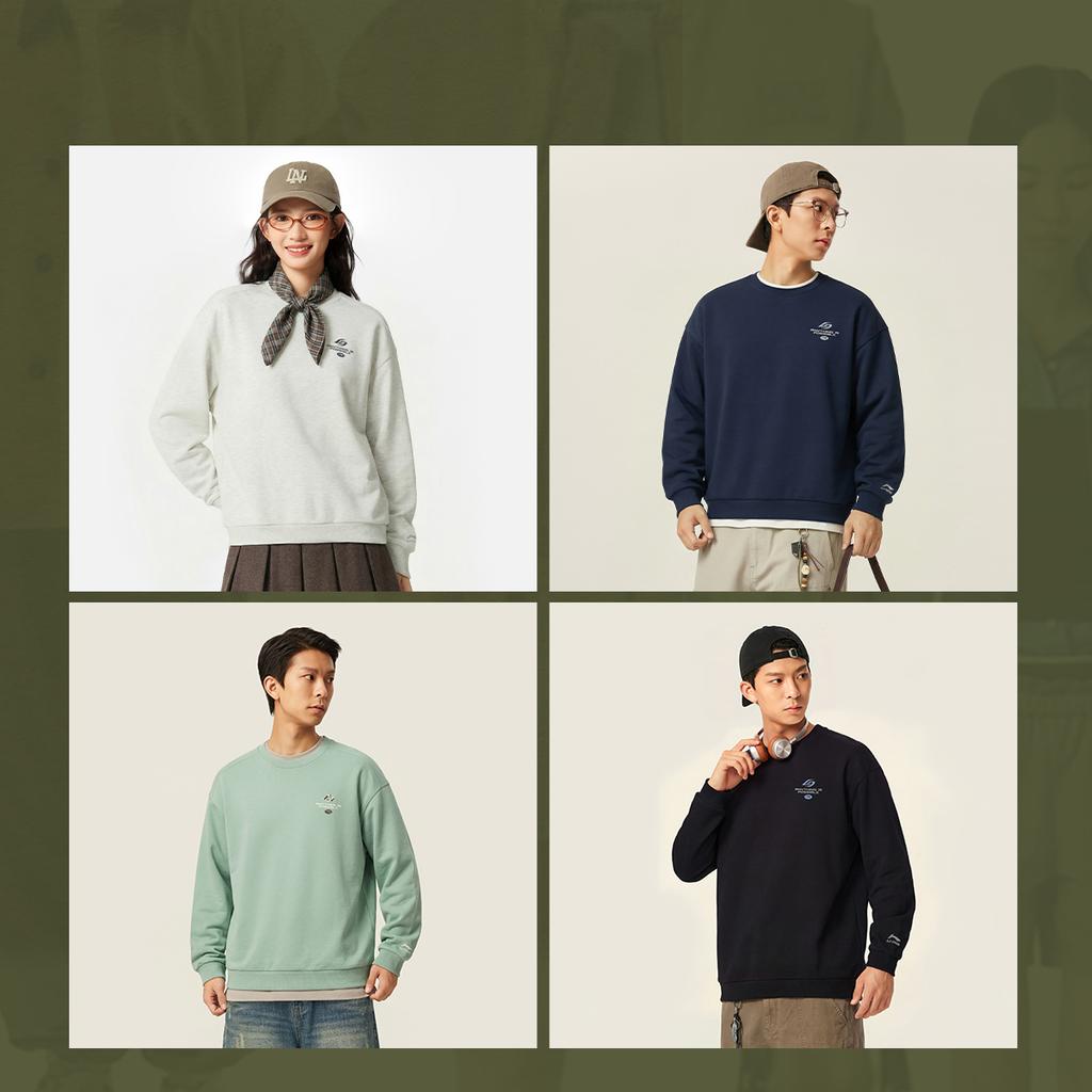 Li Ning Sports Lifestyle Series Back Letter Round Neck Breathable Versatile Loose Sweatshirt Unisex Sweatshirt AWDW341-1