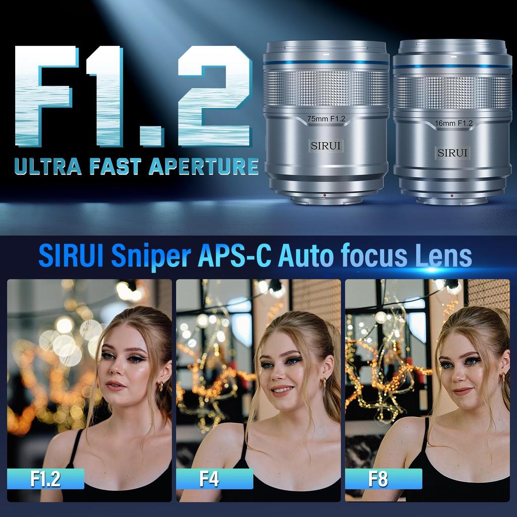 SIRUI Sniper 75mm Autofocus Lens Wide Angle Camera Lens for A5 A6 A7 FX A9 Series 16mm, Set, F1.2 APS-C ZV-E (E Mount, Silver)