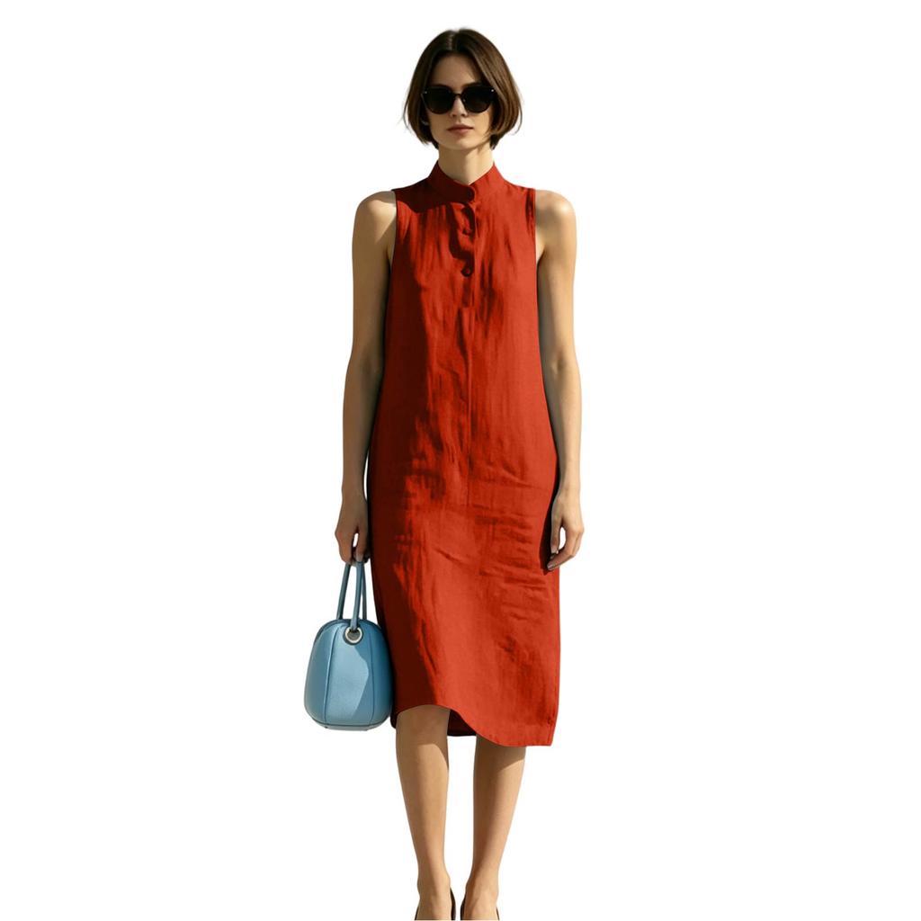 Sleeveless Loose Fit Summer Dress Midi Length Button Front Stand Collar Casual Lightweight Dress for Women
