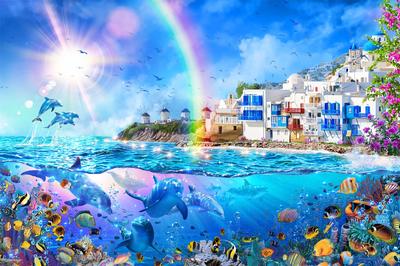 Yanoman [Made In Japan] 1000-Piece Jigsaw Puzzle LASSEN Dolphins of Mykonos (50x75cm) 10-1489, Includes Glue, Spatula, Piece Request Postcard,