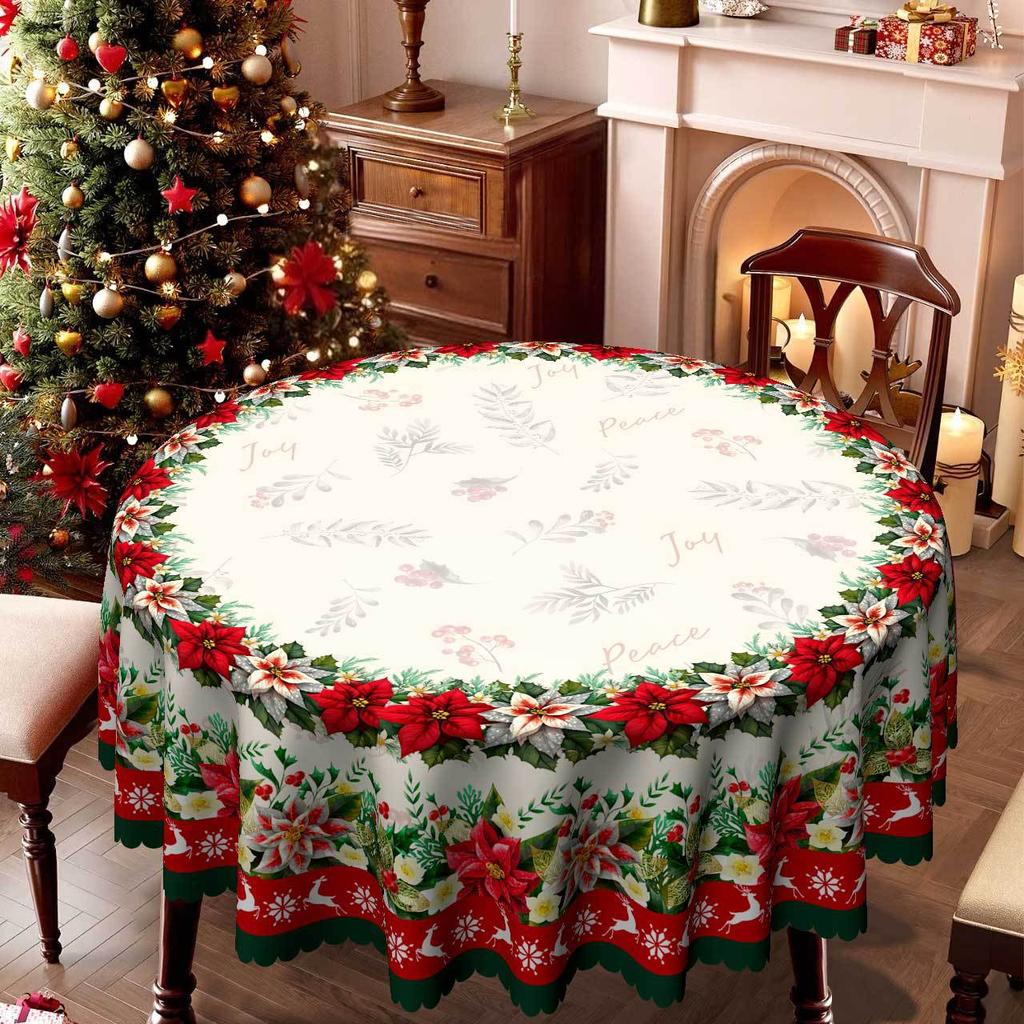 Christmas Table Decoration, Red And Green Flowers, Birds, Elk Tablecloth, Wavy Edge Round Table Square Table Universal Home Holiday Decoration