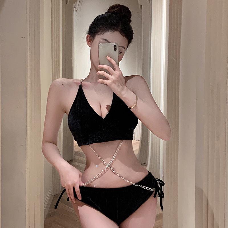 

2023 Sexy Triangle Swimsuit: Stylish Back, Metal Chain, Two-Piece Bikini XL чорний