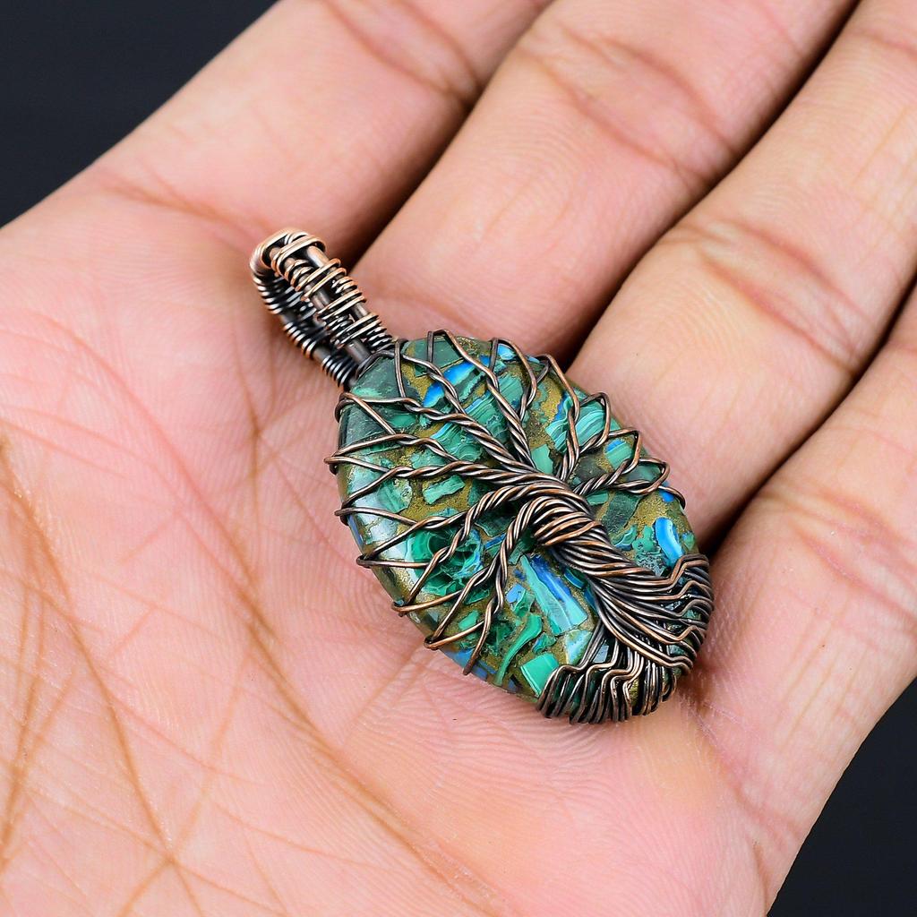 Tree Of Life Copper Rainbow Calsilica Gemstone Pure Copper Wire Wrapped Handmade Pendant Jewelry