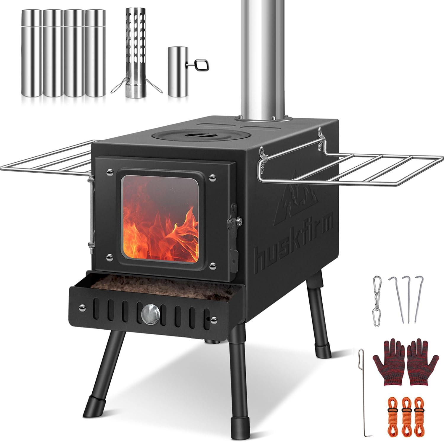 

Portable Wood Burning Stove for Tent, Camping & Cooking, Folding with Chimney Pipe & Spark Arrestor - Black